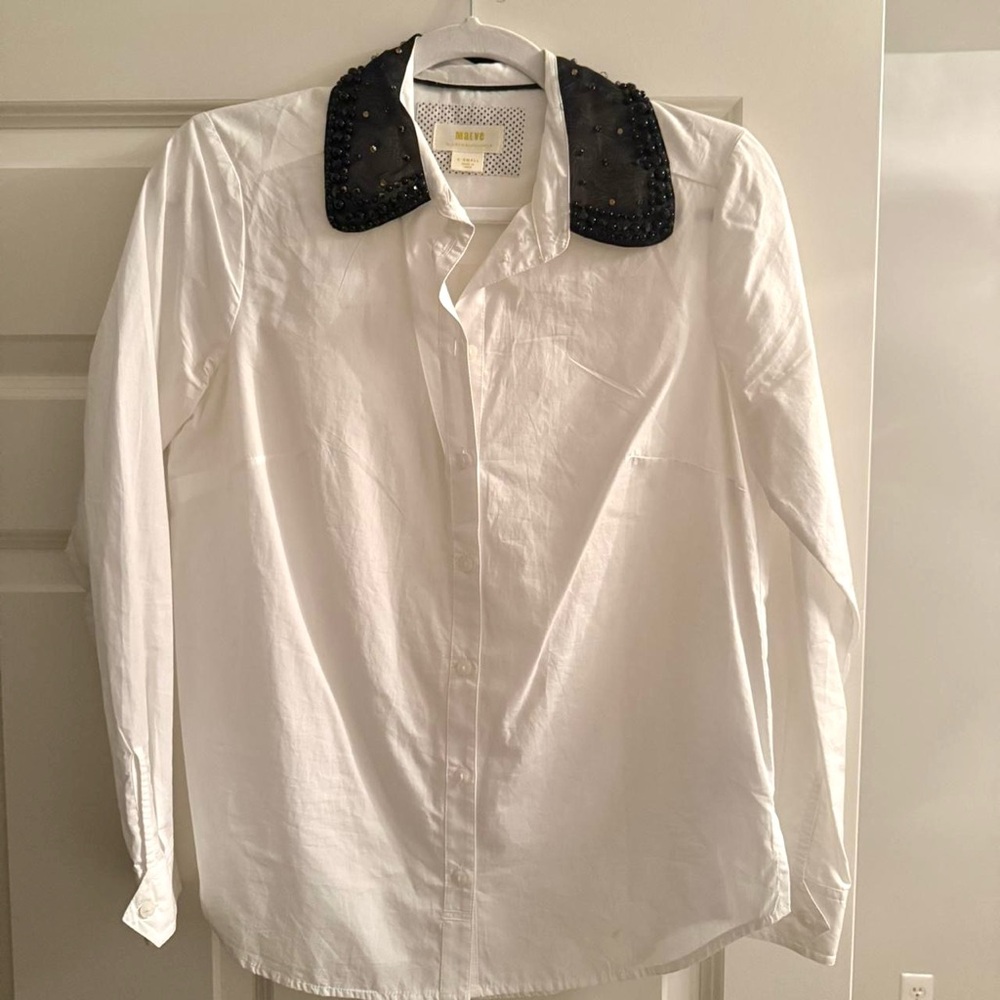 Anthropologie White Shirt with Black Embellished Collar